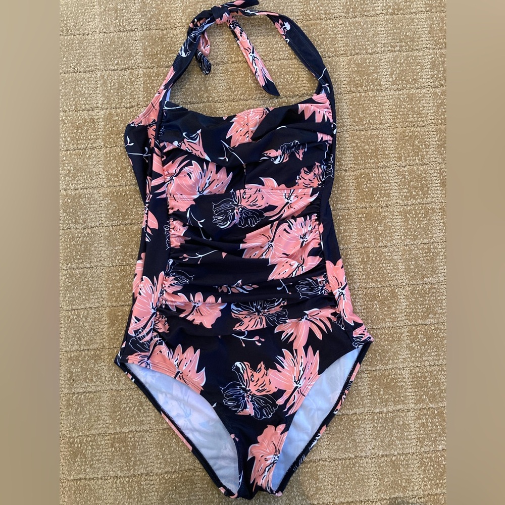 Halter top black/coral floral swimsuit ruching at waist sz S